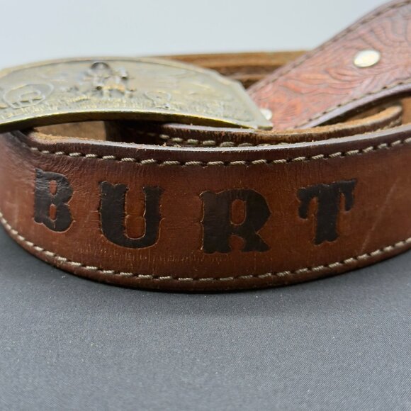 Vtg Western Justin Tooled Leather Name Belt "BURT" Covered Wagon Belt Buckle 38" - Picture 3 of 11